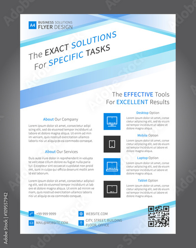 Business leaflet layout vector design. A4 size page with sample text, icons. Corporate leaflet template creative design. Easy to edit and print. Modern leaflet template graphic concept.
