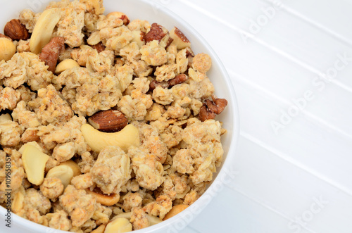 Muesli in bowl on table