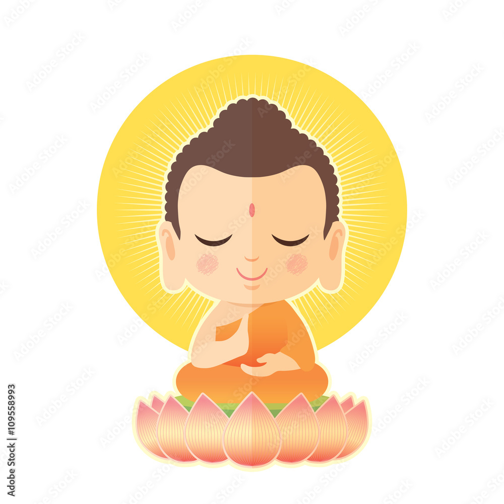 Buddha sitting on lotus. Cute Buddha cartoon vector illustration isolated  on white background. Stock Vector | Adobe Stock
