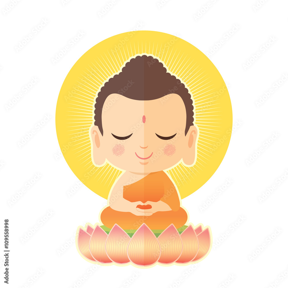 Buddha sitting on lotus. Cute Buddha cartoon vector illustration isolated on white background.