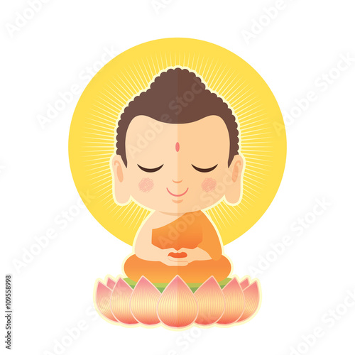 Buddha sitting on lotus. Cute Buddha cartoon vector illustration isolated on white background.