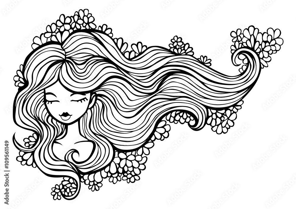 Coloring page girl with luxuriant hair