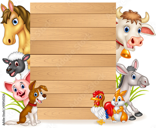 Cartoon funny farm animals with wooden sign
