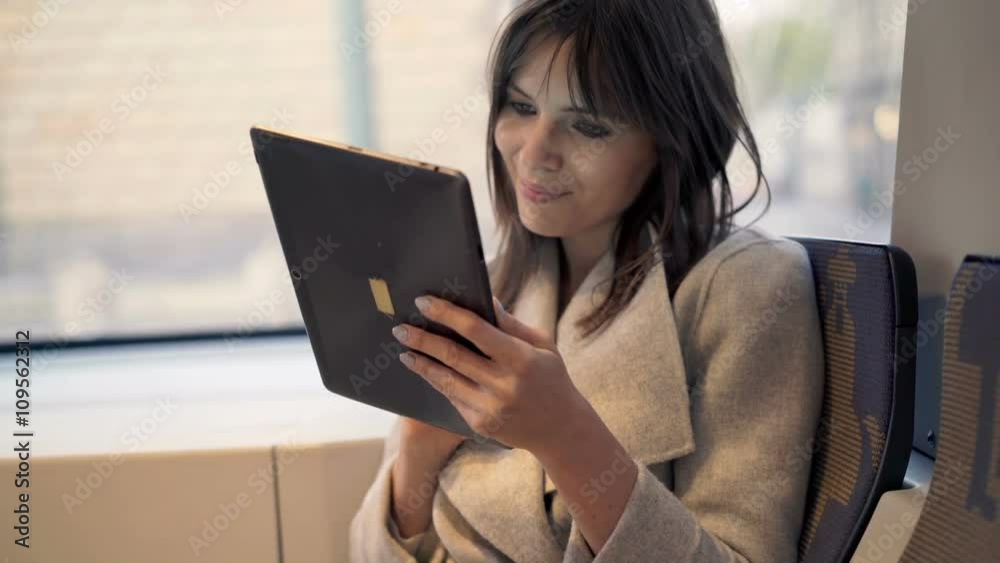 Young, pretty woman using tablet computer during tram ride 
