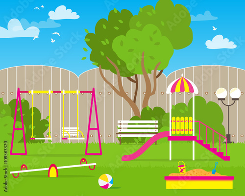 Colorful Children's playground with Swings, slide, sandbox, bench, teeter board. Kids playground. School Children's park. Buildings for city construction. Kindergarten Vector flat design illustration