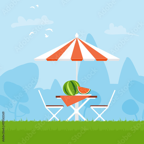 Summer picnic on the backyard. Outdoor recreation. Table with chairs,umbrella and watermelon. Vector illustration in flat style and blue background