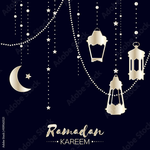 Silver Ramadan Kareem celebration greeting card. Hanging arabic lamps, stars and crescent moon. Holy month of muslim. Symbol of Islam. Moon Ramadan. Vector illustration.