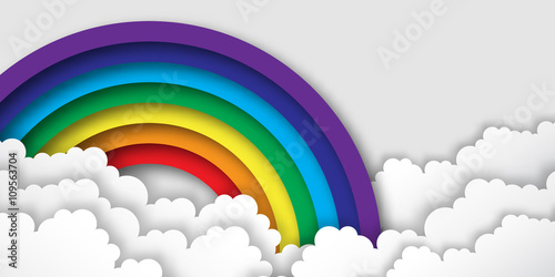Origami Stylized paper Colorful clouds and rainbow with blue sky. Vector applique illustrations.