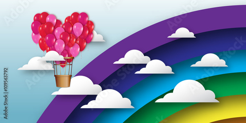 Realistic 3d Heart Bunch of  Hot Air Balloons fly to sky. Blue sky with origami clouds and rainbow, birds. Vector applique illustrations.