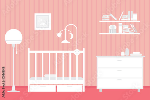 Baby room with furniture. Nursery interior. Style vector illustration.