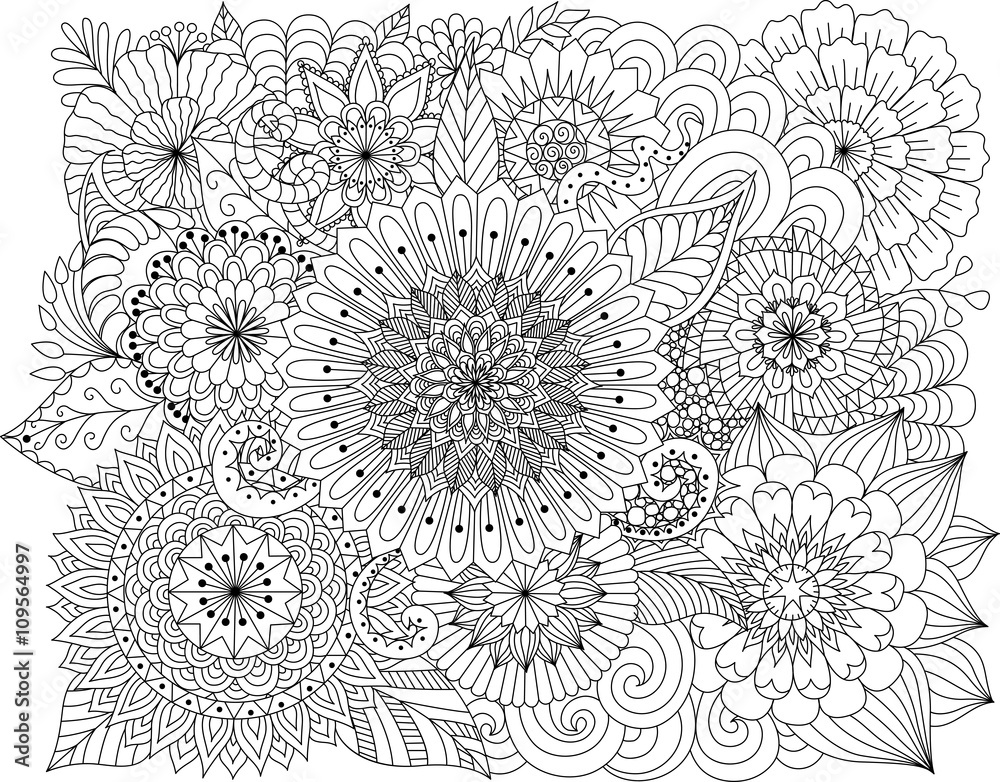 Naklejka premium Hand drawn zentangle floral background for coloring page
