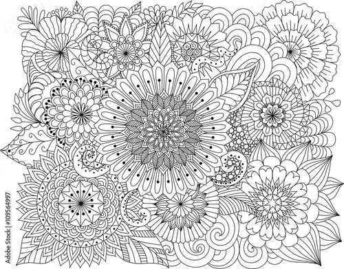 Hand drawn zentangle floral background for coloring page