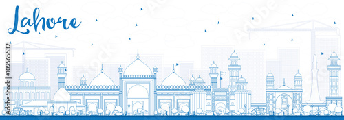 Outline Lahore Skyline with Blue Landmarks.