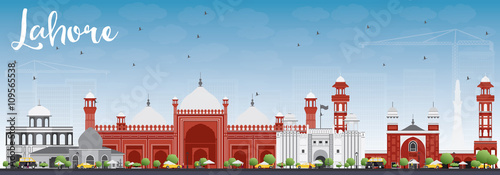 Lahore Skyline with Gray, Red Landmarks and Blue Sky.