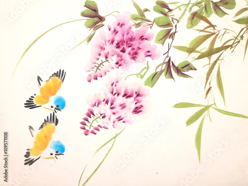 Obraz Chiński atrament malarstwo ptak i roślin