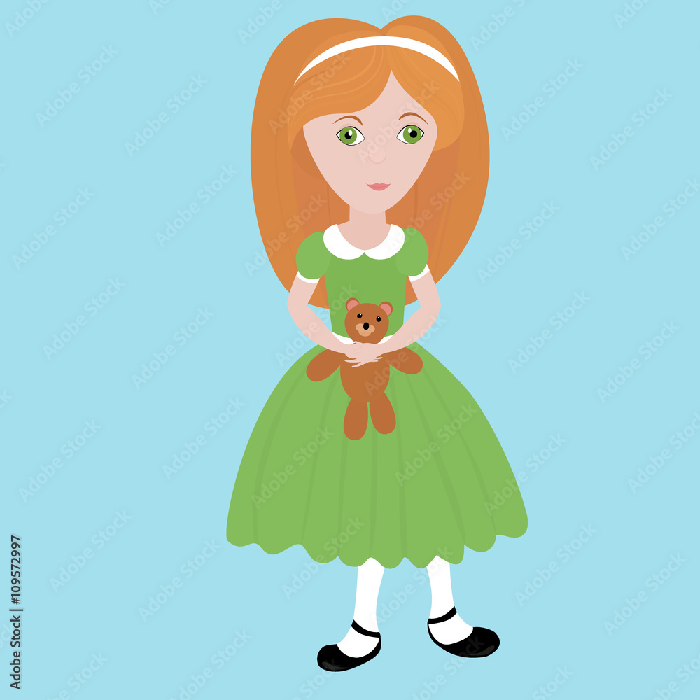 Fototapeta premium cute cartoon little girl with orange hair wearing green dress holding small teddy bear. Happy child.