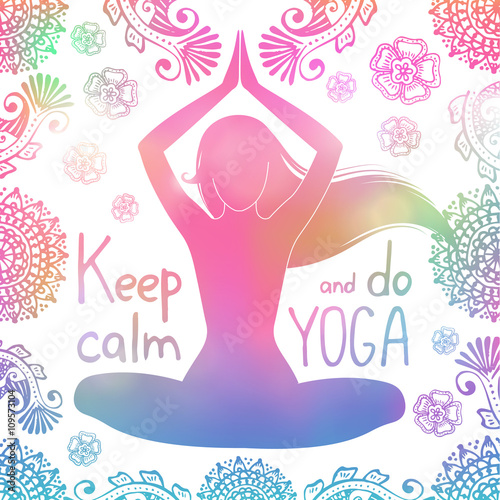 Hand drawn typography poster with Indian style pattern. Motivation quote keep calm and do yoga, isolated. Calligraphy lettering. Vector.