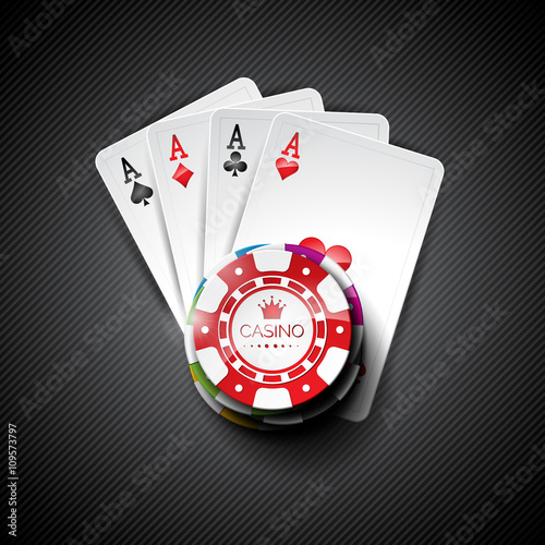 Vector illustration on a casino theme with color playing chips and poker cards on dark background.