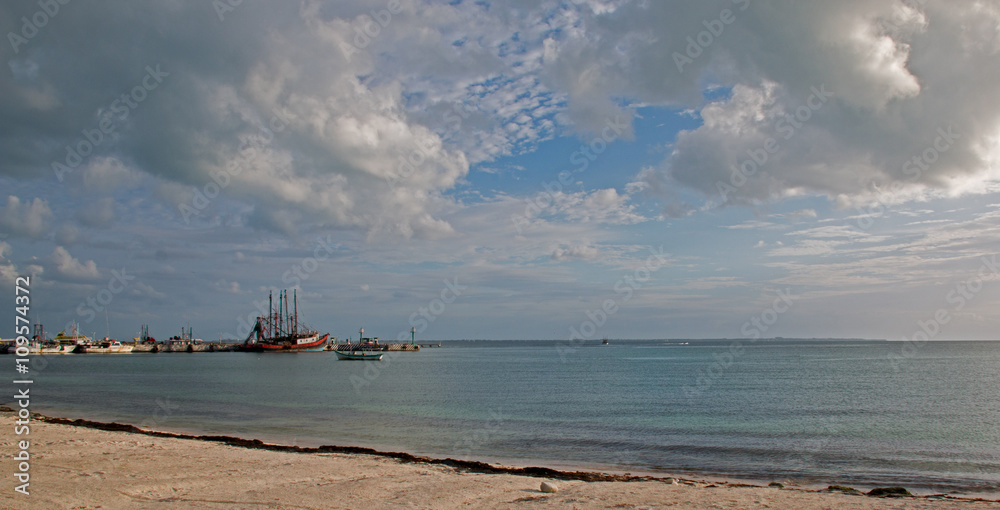 Early morning view of Puerto Juarez fishing boats and trawlers in Cancun