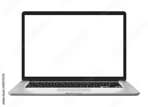 Laptop vector illustration with blank screen isolated on white background, aluminium shiny glowing body.