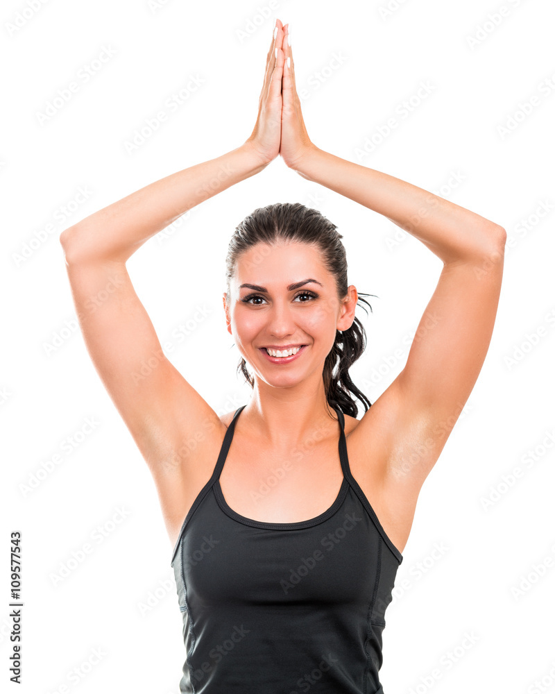 Portrait of athletic beautiful cheerful woman on a white background Portrait of athletic beautiful cheerful woman on a white background