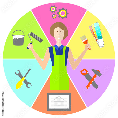 logo house remodel service, icon women with tools for repair 
