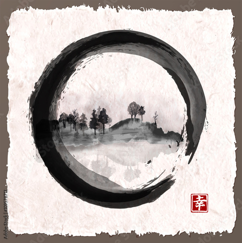 Island with trees in black enso zen circle on old handmade paper. Traditional Japanese ink painting sumi-e. Vector illustration. Contains hieroglyph - happiness.