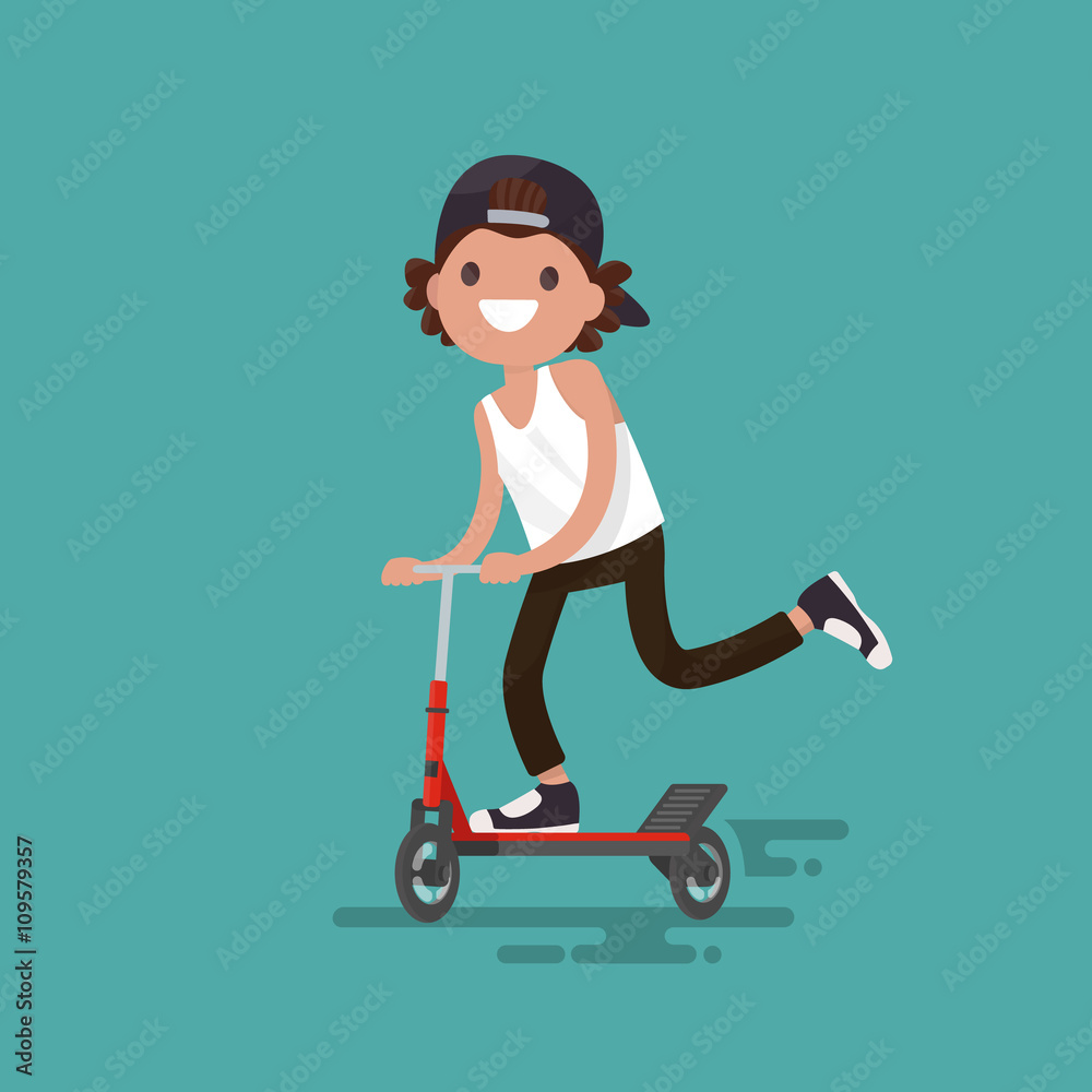 Cheerful guy riding a scooter. Vector illustration