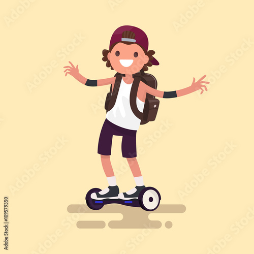 Cheerful guy rides on gyroscooter. Vector illustration