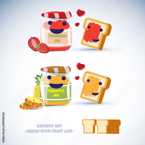 bread with fruit jam character. pineapple and strawberry - vecto