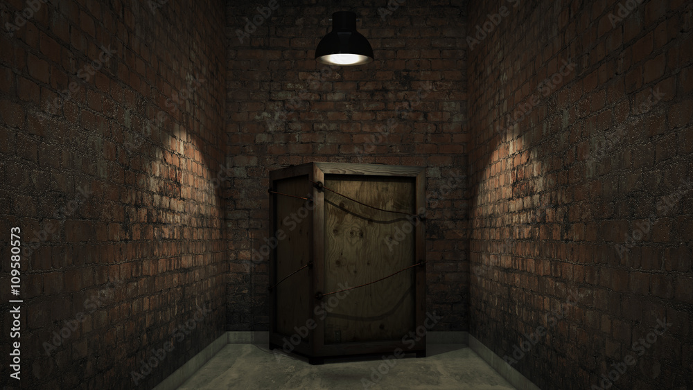 wooden box with brick wall. 3d render wooden box with brick wall. 3d render