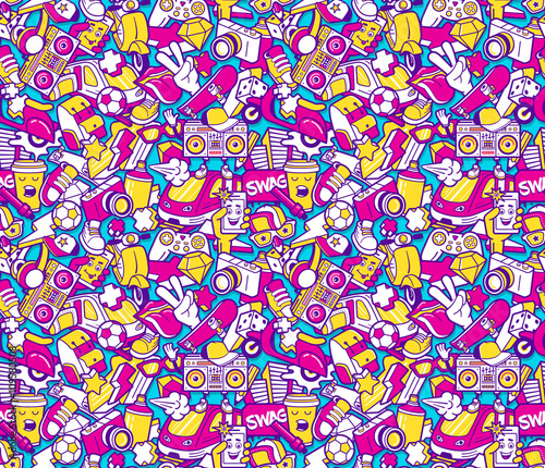Graffiti seamless pattern with line icons collage