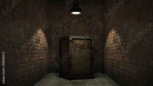 wooden box with brick wall. 3d render