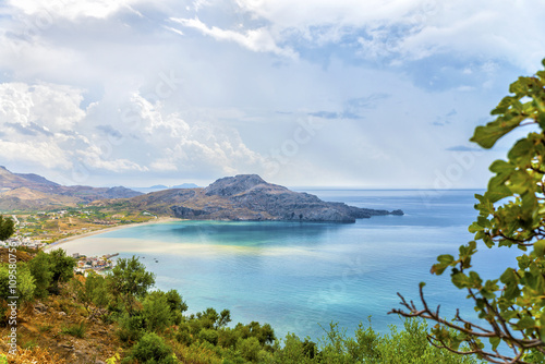 Beautiful panoramic view on the bay and beach at Plakias village after the storm.Picturesque natural landscape.Crete island. District of Rethymno.Greece.Europe.