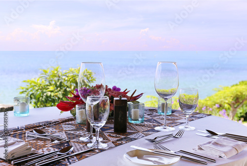 table in the restaurant on the sea background