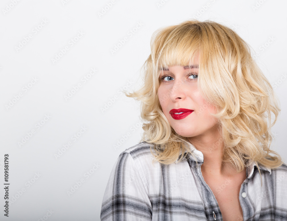 close-up portrait beautiful blonde girl with red lips wearing a plaid shirt close-up portrait beautiful blonde girl with red lips wearing a plaid shirt