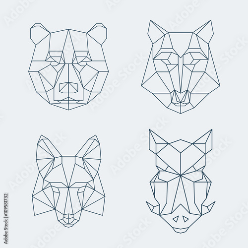 Low poly animals. Bear and wolf, fox or wild boar heads
