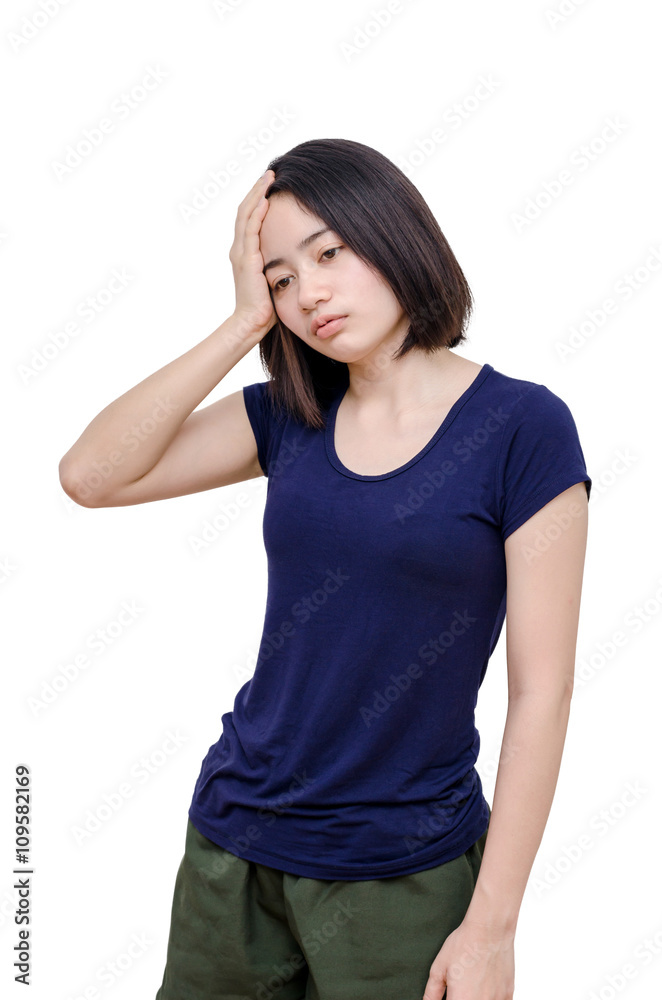 Asian woman with headache isolated over white Asian woman with headache isolated over white