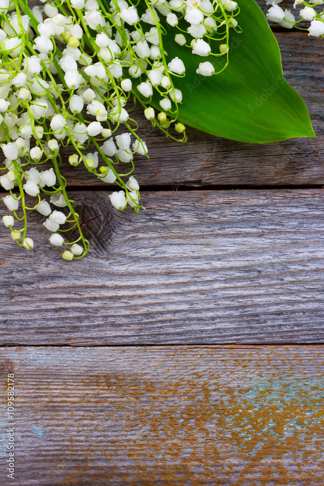 white flowers lilies of the valley scattered on the old wooden background. with space for text white flowers lilies of the valley scattered on the old wooden background. with space for text