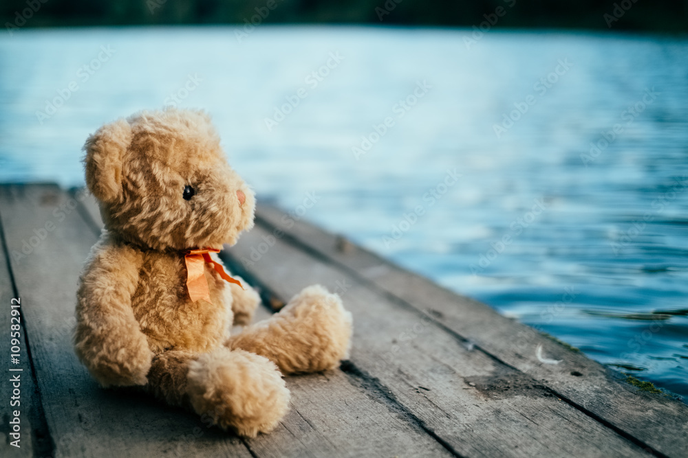 Teddy bear sitting on pier