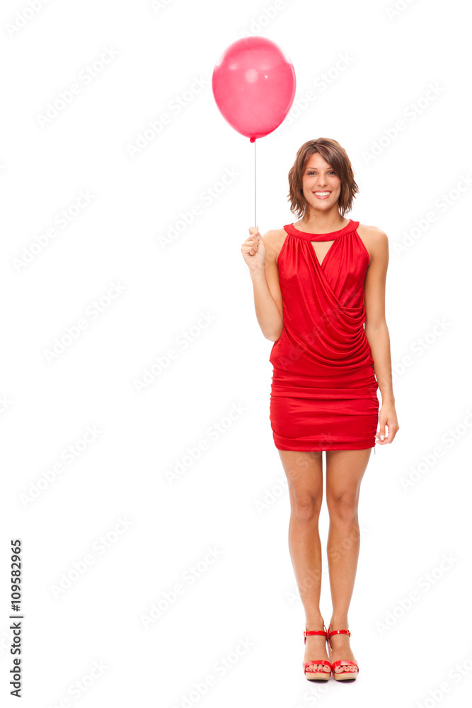 sensual brunette girl red dressed with red balloon isolated on white sensual brunette girl red dressed with red balloon isolated on white