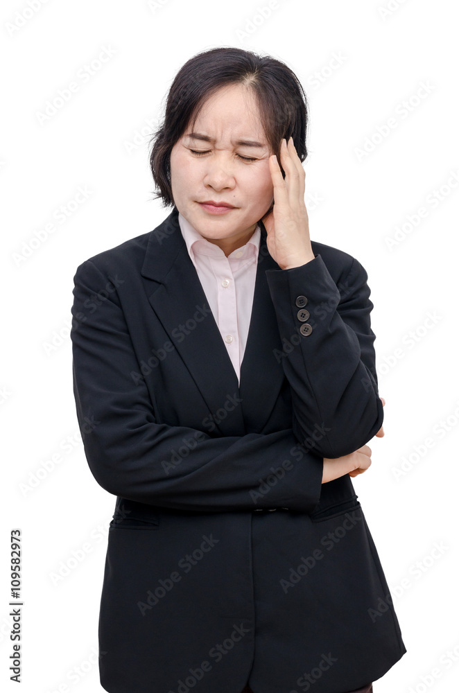 Middle aged asian woman with headache over white background Middle aged asian woman with headache over white background