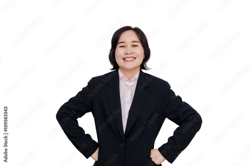 Middle aged asian woman smiles over white background Middle aged asian woman smiles over white background