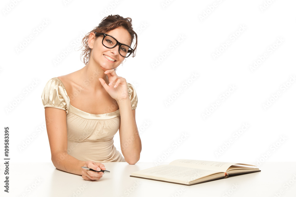 beautiful student or teacher woman study and reading book isolated on white beautiful student or teacher woman study and reading book isolated on white