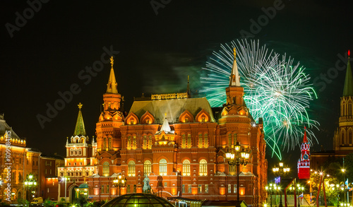 Fireworks over Red Square and the Historical Museum in Moscow.
