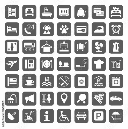 Hotel, hotel services, plain gray icons. Vector, monochrome icons of hotel services. White image on a gray background. Flat style. 