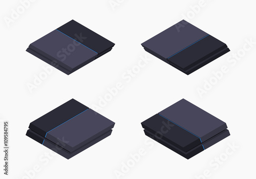 Set of the isometric black nextgen gaming consoles. The objects are isolated against the white background and shown from different sides