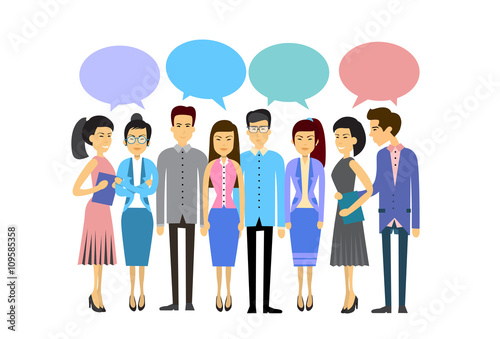 Asian Business People Group Casual Crowd With Chat Bubble Social Network Communication Concept Flat