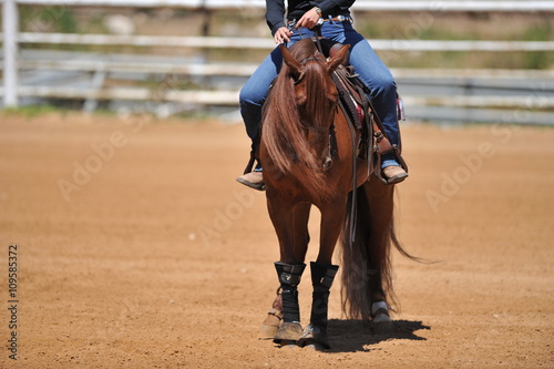 A front view of a rider and horse sliding in the dust.