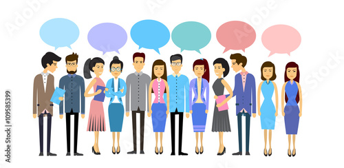 Asian Business People Group Casual Crowd With Chat Bubble Social Network Communication Concept Flat